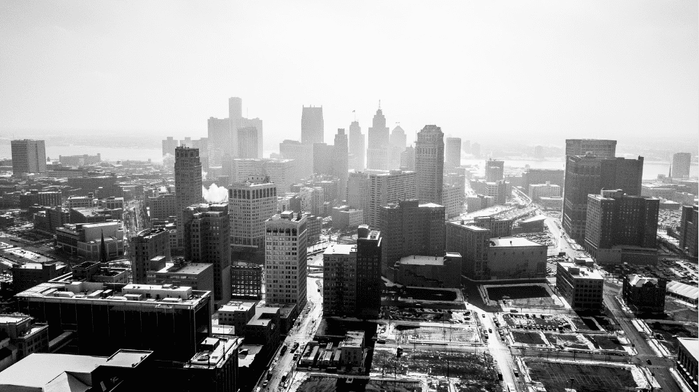 Skyline of Detroit, Michigan in a black and white photograph.