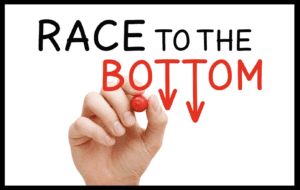 Image of the words "Race to the Bottom" and a photo of a hand writing it on a whiteboard