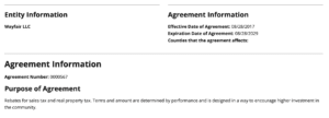 Screenshot showing a Chapter 380/381 agreement on the new Texas Comptroller's database. This one is between Wayfair and Lancaster and provides scant details.