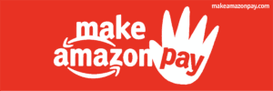 Text says "Make Amazon Pay." The word "Pay" is written in red on on a white hand. The other text is white on a red background.