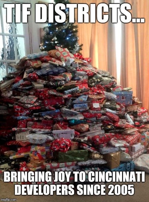 "TIF Districts: Bringing Joy to Cincinnati Developers Since 2005" text next to Christmas tree with tons of presents underneath