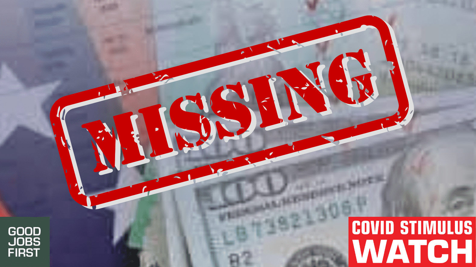 Shot of the word "missing" on a photo of dollars and two logos.