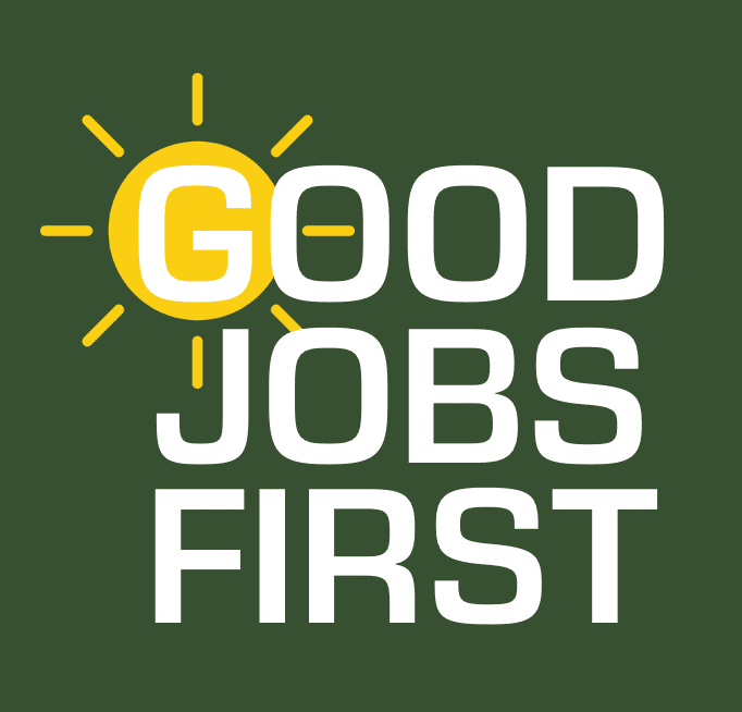 Image of Good Jobs First logo, green box and white text. Sun is where G is.