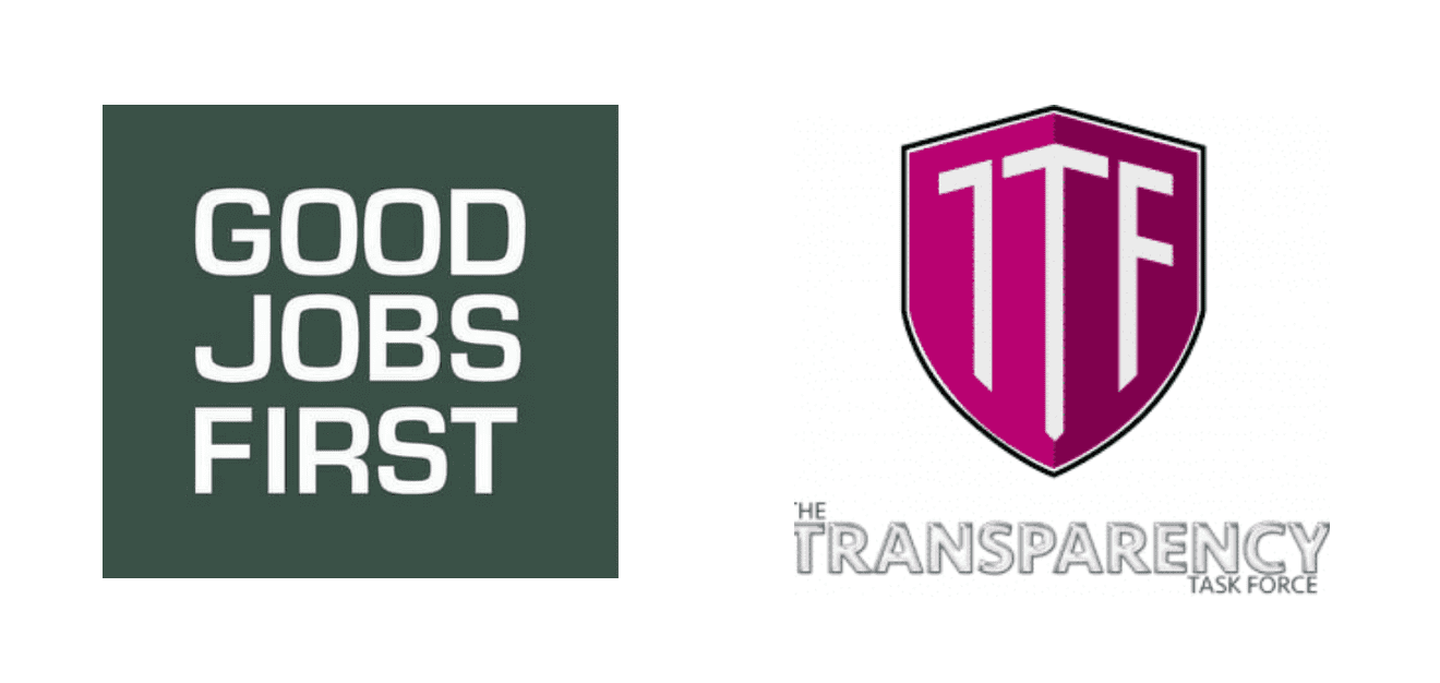 Image of logos of Good Jobs First, which is a green box with white text, and Transparency Task Force, which is a magenta type shield.